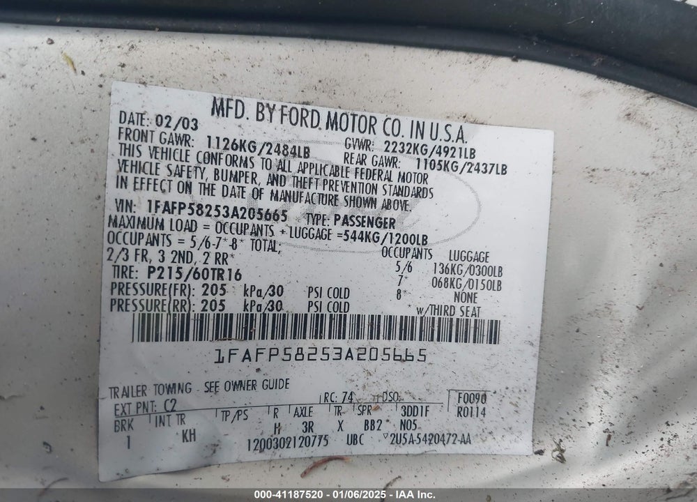 2003 FORD TAURUS SE VIN: 1FAFP58253A205665