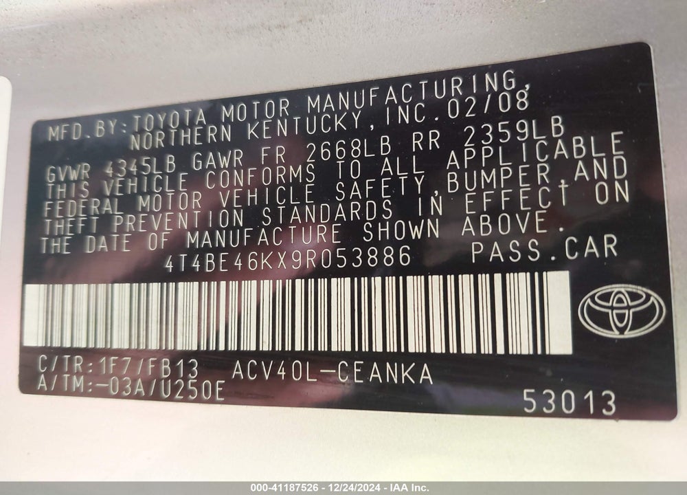 2009 TOYOTA CAMRY VIN: 4T4BE46KX9R053886