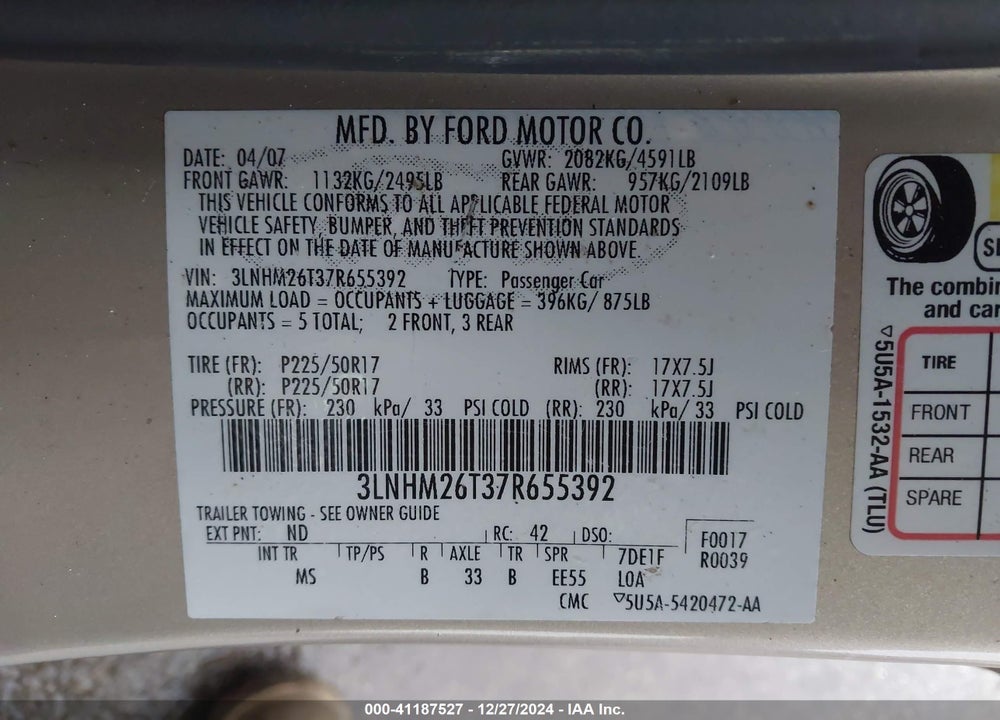 2007 LINCOLN MKZ VIN: 3LNHM26T37R655392