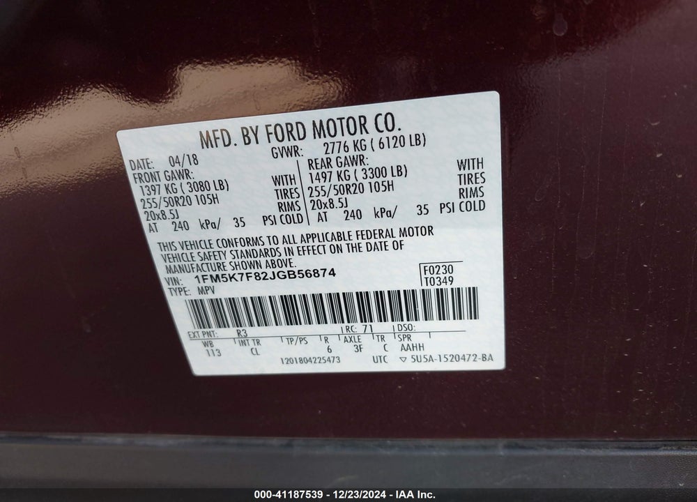 2018 FORD EXPLORER LIMITED VIN: 1FM5K7F82JGB56874
