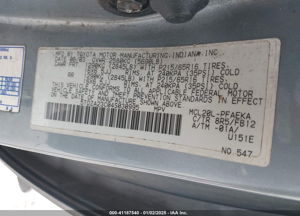2004 TOYOTA SIENNA LE VIN: 5TDZA23C04S030995