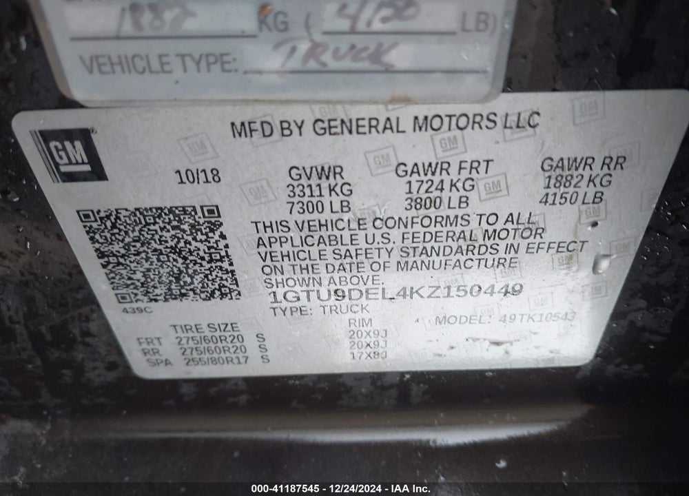 2019 GMC SIERRA 1500 VIN: 1GTU9DEL4KZ150449