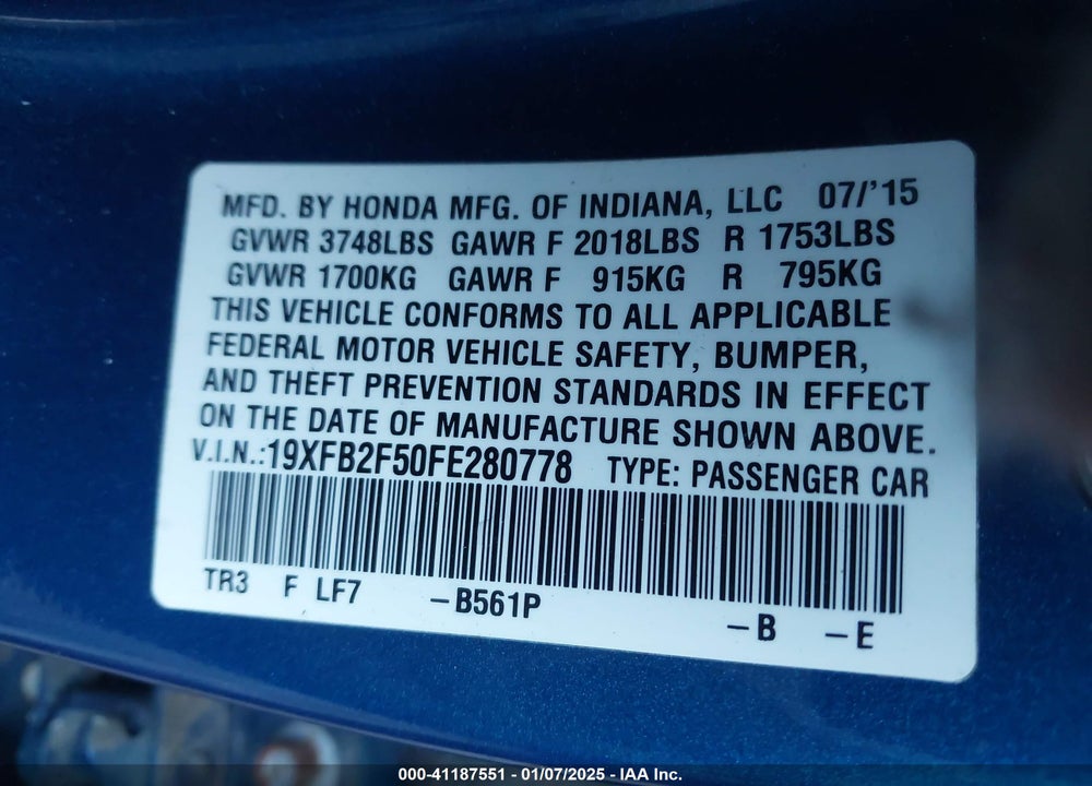 2015 HONDA CIVIC LX VIN: 19XFB2F50FE280778