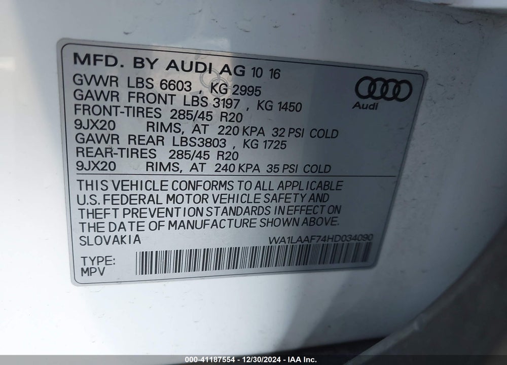 2017 AUDI Q7 3.0T PREMIUM VIN: WA1LAAF74HD034090