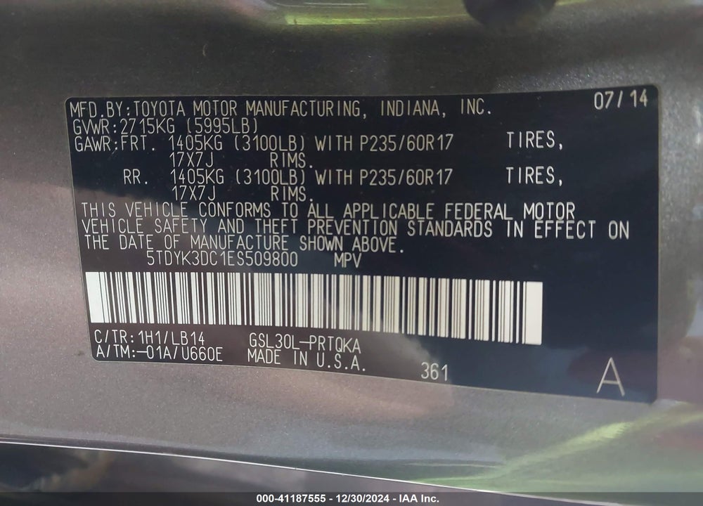 2014 TOYOTA SIENNA XLE LIMITED VIN: 5TDYK3DC1ES509800
