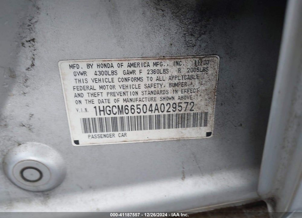 2004 HONDA ACCORD 3.0 EX VIN: 1HGCM66504A029572
