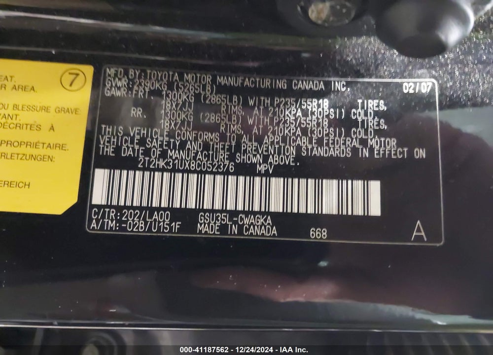 2008 LEXUS RX 350 VIN: 2T2HK31UX8C052376