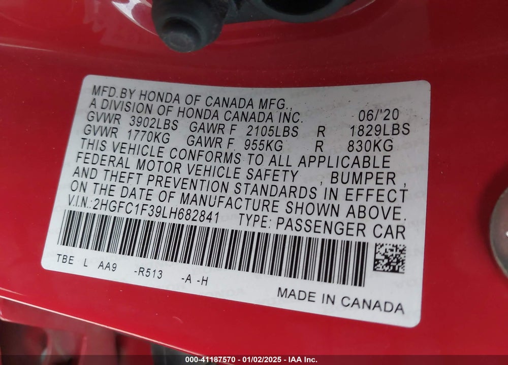 2020 HONDA CIVIC VIN: 2HGFC1F39LH682841
