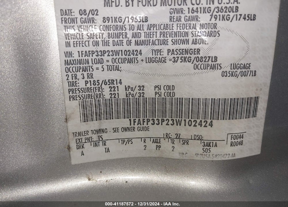2003 FORD FOCUS LX VIN: 1FAFP33P23W102424