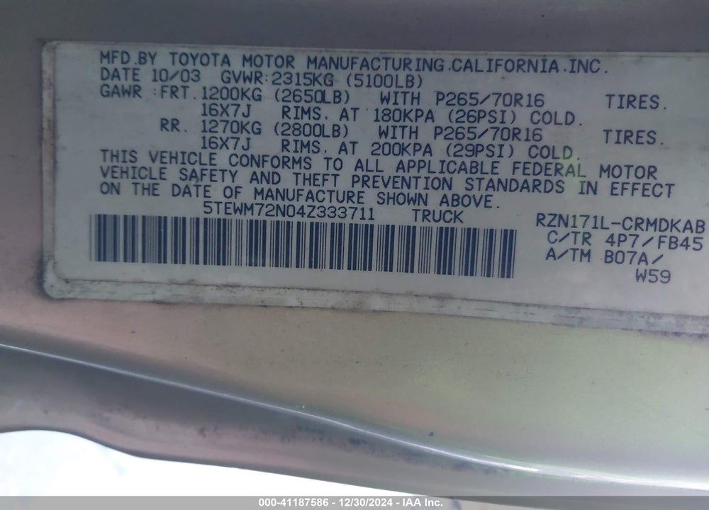 2004 TOYOTA TACOMA VIN: 5TEWM72N04Z333711