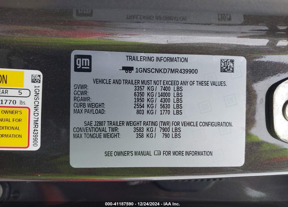 2021 CHEVROLET TAHOE VIN: 1GNSCNKD7MR439900