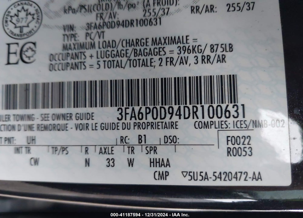 2013 FORD FUSION VIN: 3FA6P0D94DR100631