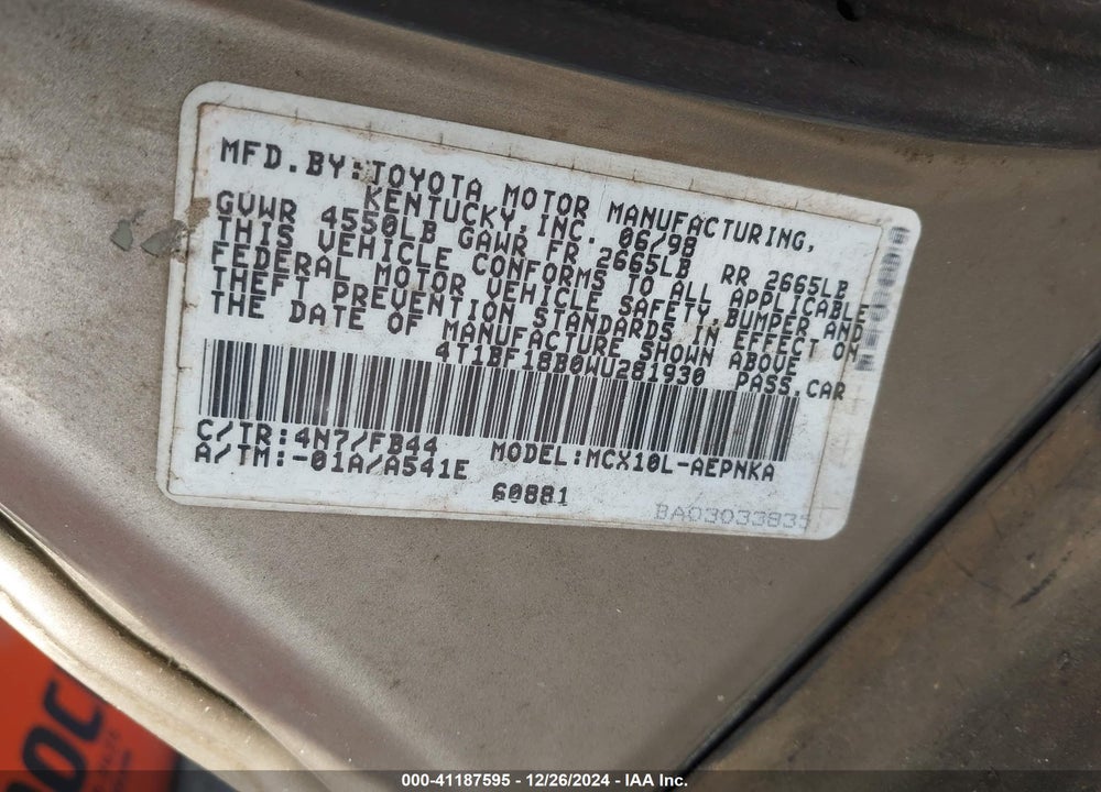 1998 TOYOTA AVALON XL VIN: 4T1BF18B0WU281930