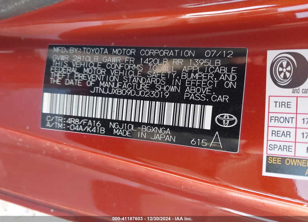 2013 SCION IQ VIN: JTNJJXB09DJ023019