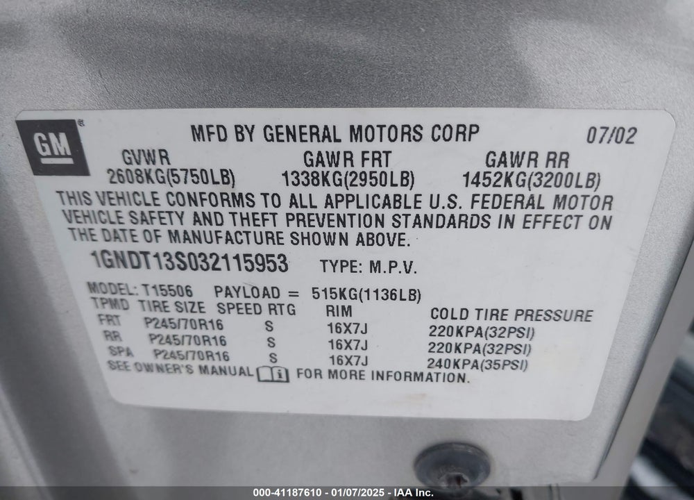 2003 CHEVROLET TRAILBLAZER LS VIN: 1GNDT13S032115953