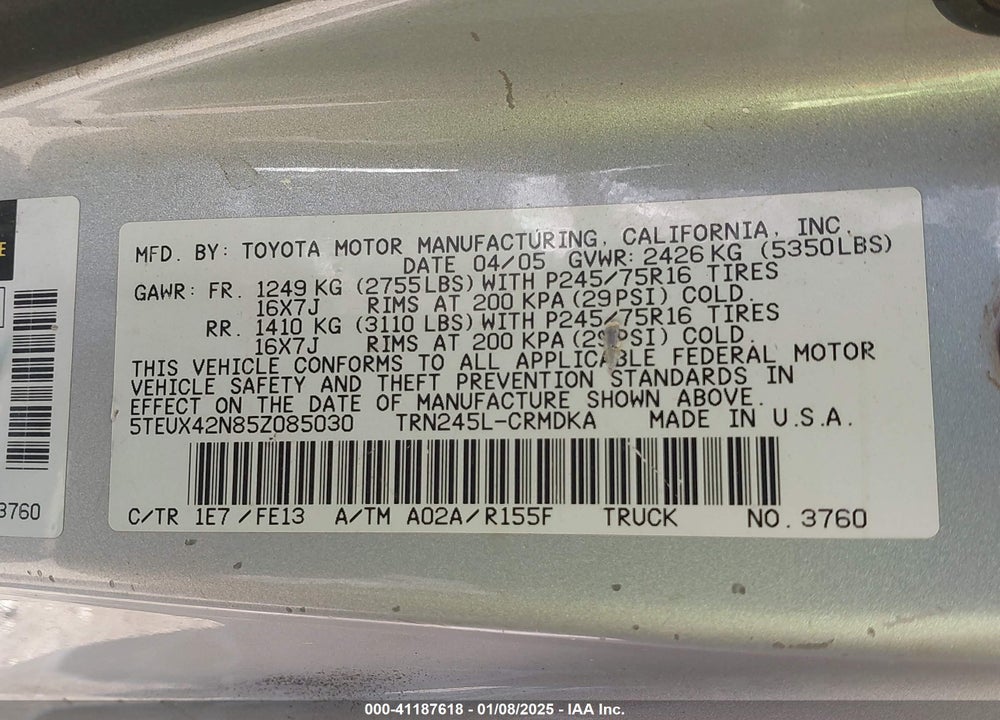 2005 TOYOTA TACOMA VIN: 5TEUX42N85Z085030