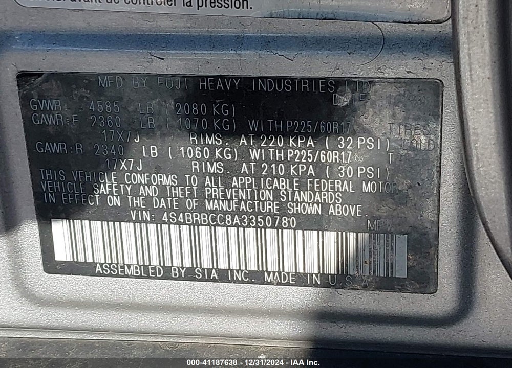 2010 SUBARU OUTBACK 2.5I PREMIUM VIN: 4S4BRBCC8A3350780