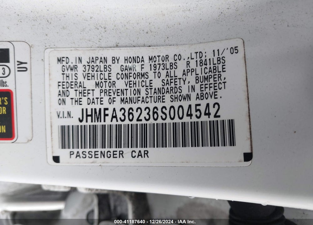 2006 HONDA CIVIC HYBRID VIN: JHMFA36236S004542