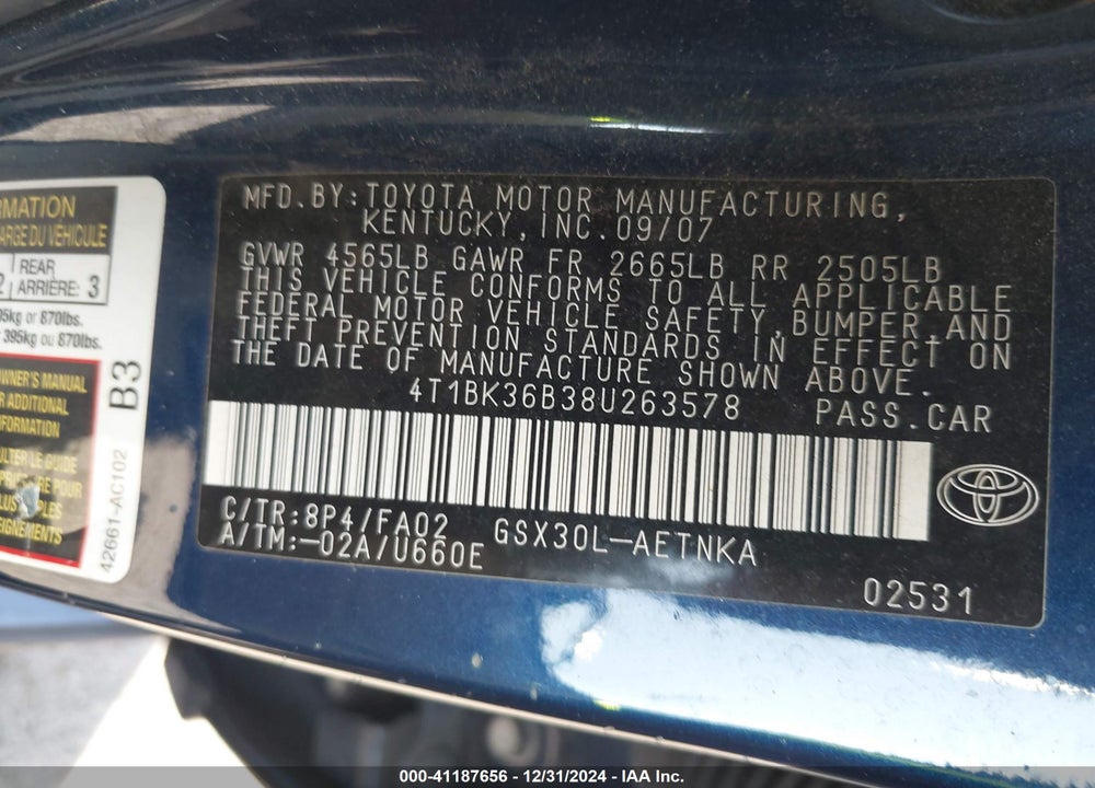 2008 TOYOTA AVALON XL VIN: 4T1BK36B38U263578