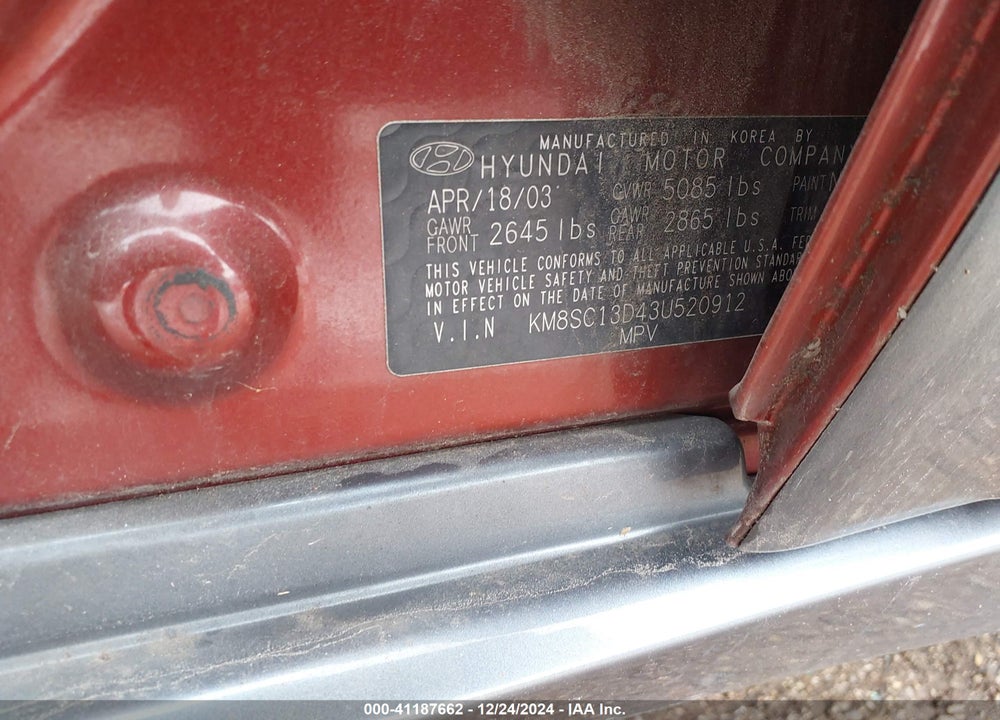 2003 HYUNDAI SANTA FE GLS/LX VIN: KM8SC13D43U520912