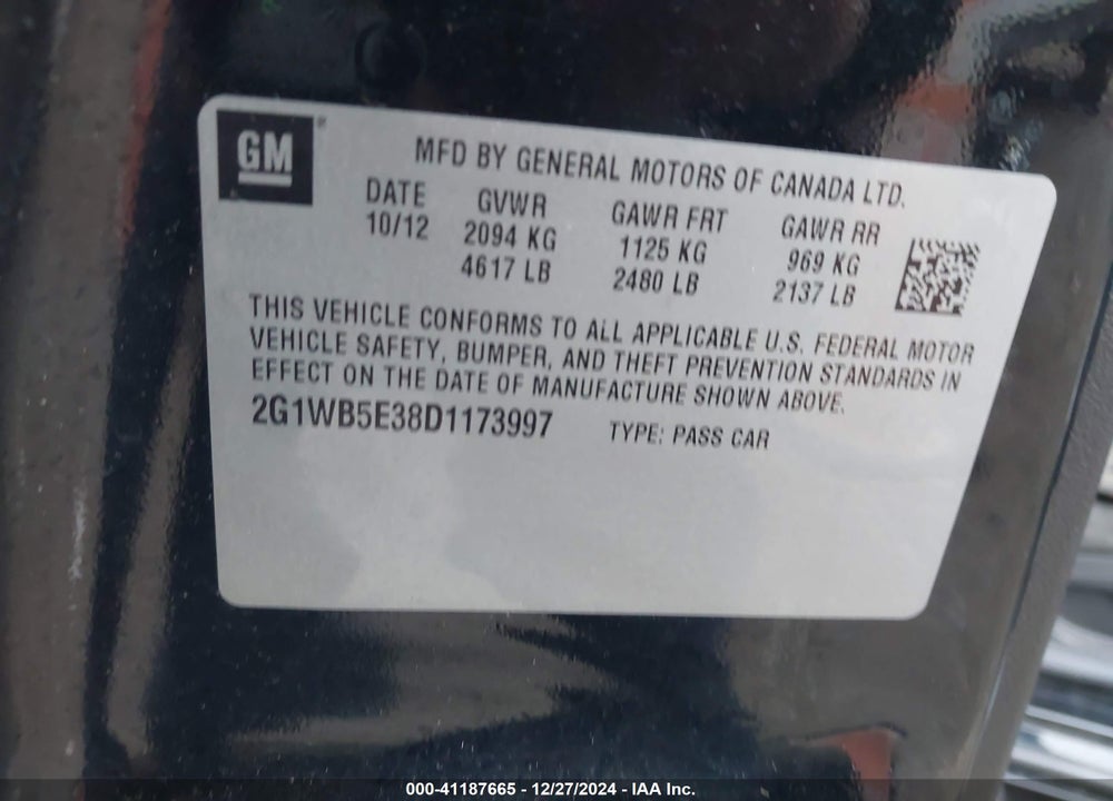 2013 CHEVROLET IMPALA VIN: 2G1WB5E38D1173997