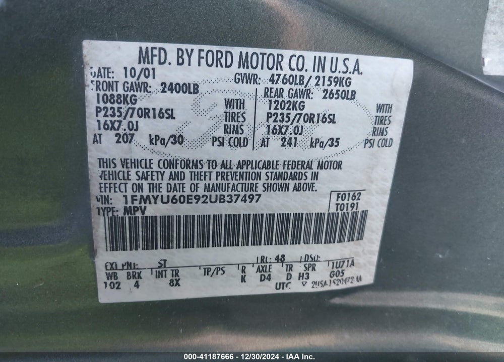2002 FORD EXPLORER SPORT VIN: 1FMYU60E92UB37497