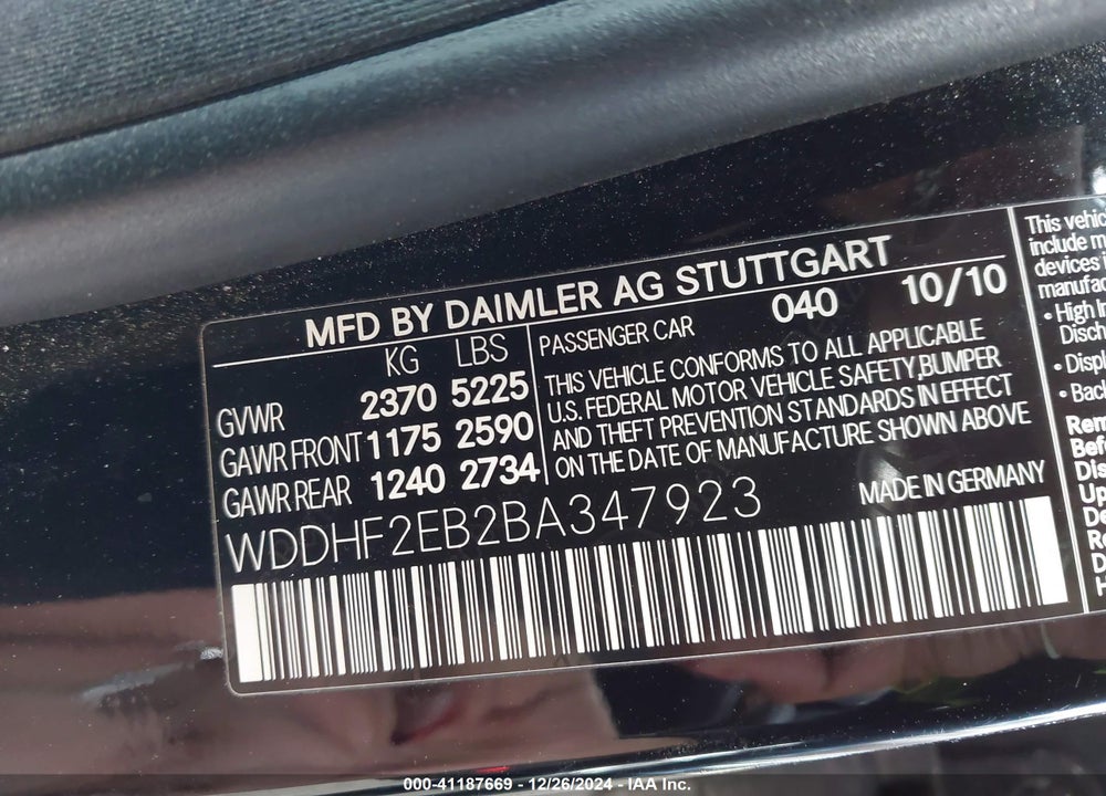 2011 MERCEDES-BENZ E 350 BLUETEC VIN: WDDHF2EB2BA347923