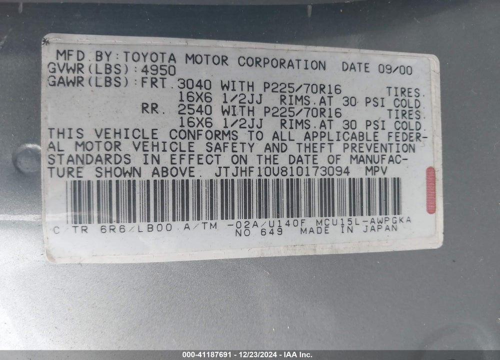 2001 LEXUS RX 300 VIN: JTJHF10U810173094