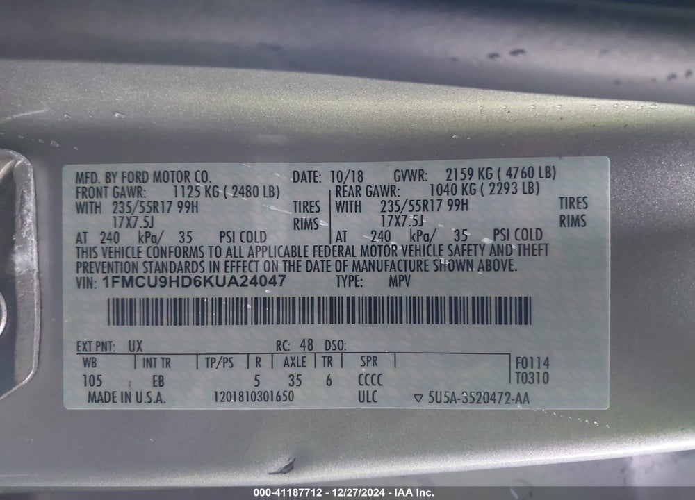 2019 FORD ESCAPE SEL VIN: 1FMCU9HD6KUA24047