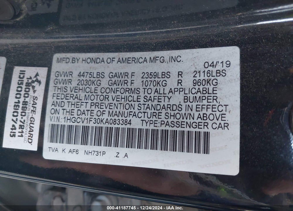 2019 HONDA ACCORD SPORT VIN: 1HGCV1F30KA083384