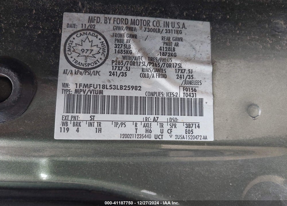 2003 FORD EXPEDITION EDDIE BAUER VIN: 1FMFU18L53LB25982