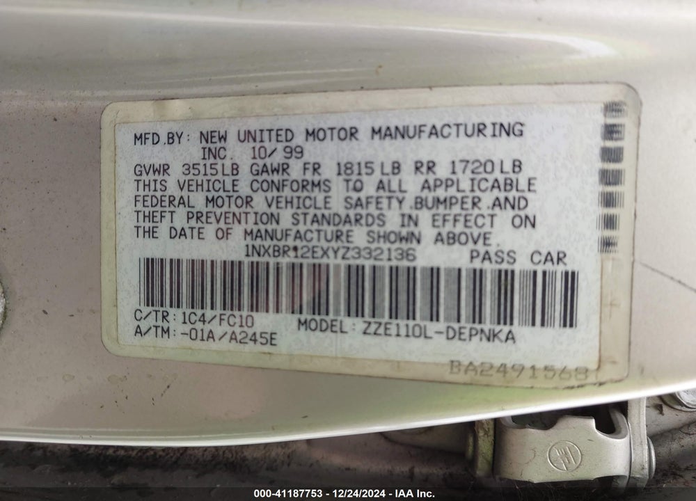 2000 TOYOTA COROLLA LE VIN: 1NXBR12EXYZ332136