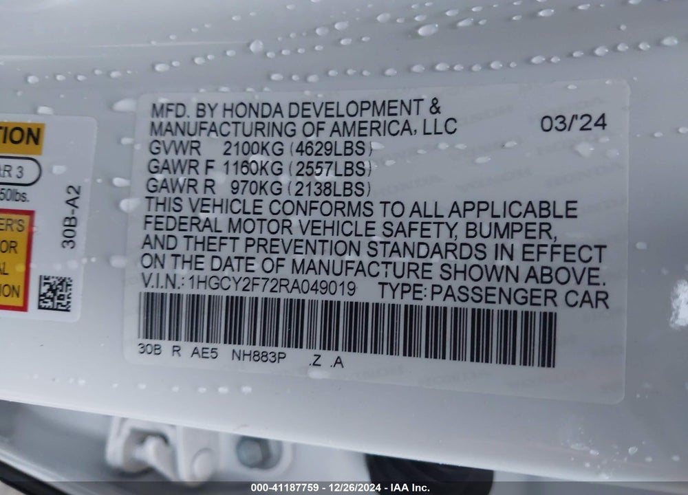 2024 HONDA ACCORD VIN: 1HGCY2F72RA049019