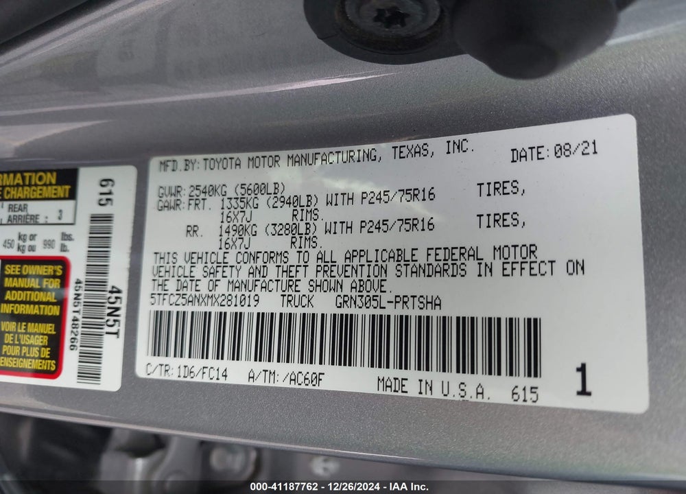 2021 TOYOTA TACOMA VIN: 5TFCZ5ANXMX281019
