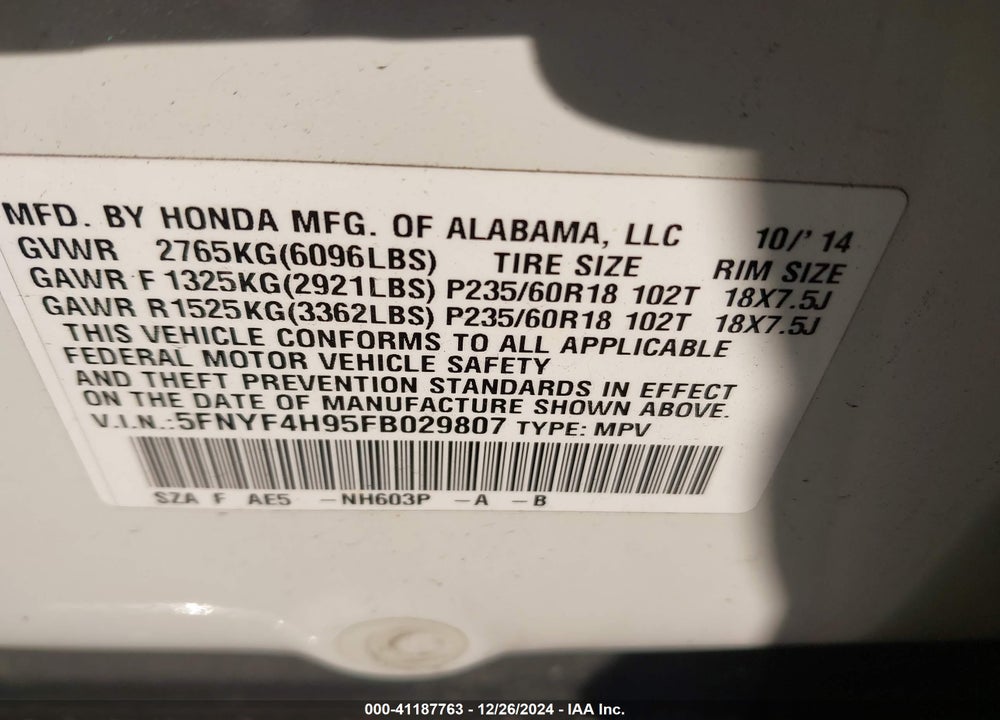 2015 HONDA PILOT TOURING VIN: 5FNYF4H95FB029807
