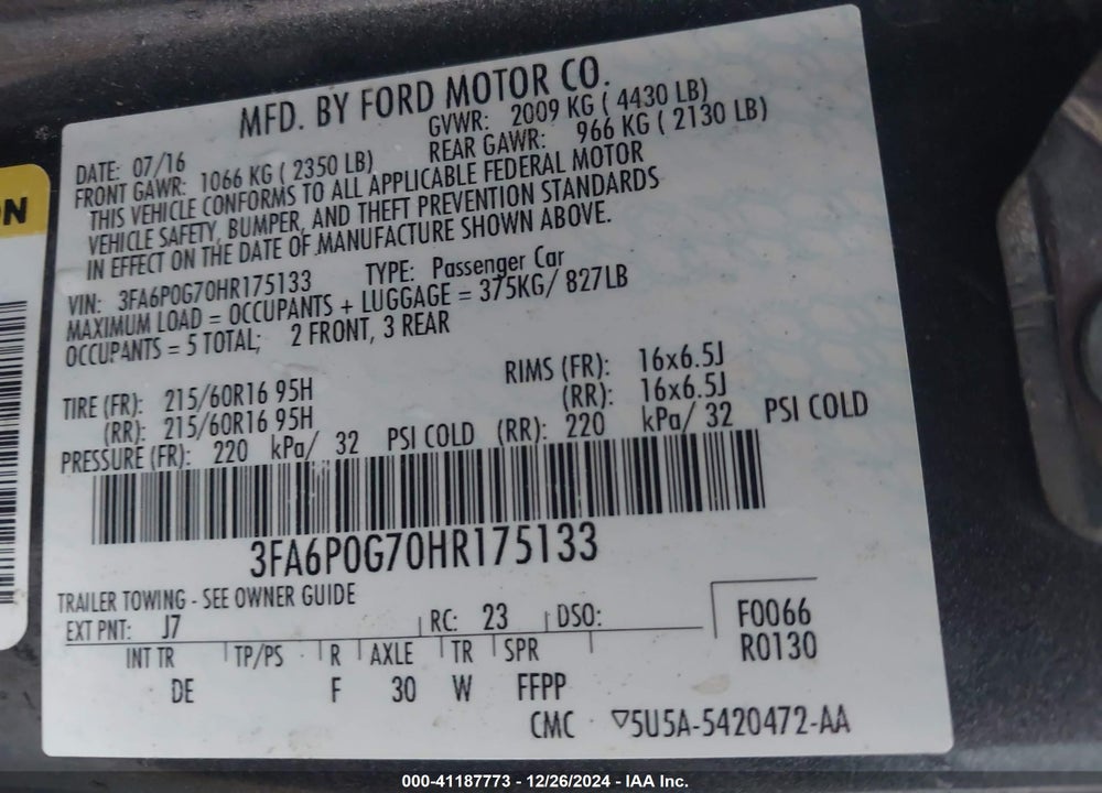 2017 FORD FUSION VIN: 3FA6P0G70HR175133