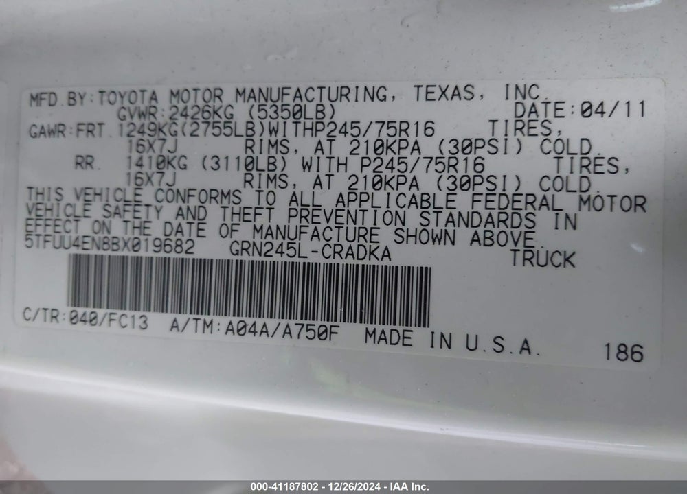 2011 TOYOTA TACOMA ACCESS CAB VIN: 5TFUU4EN8BX019682