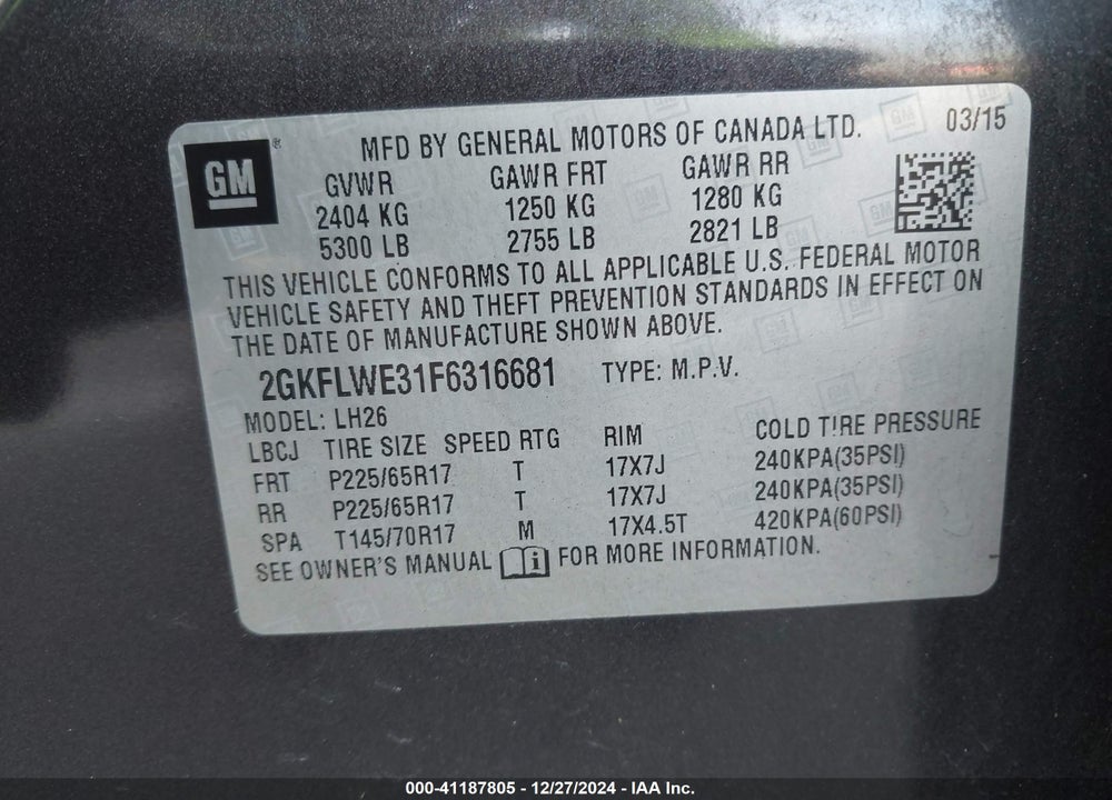 2015 GMC TERRAIN SLE-2 VIN: 2GKFLWE31F6316681