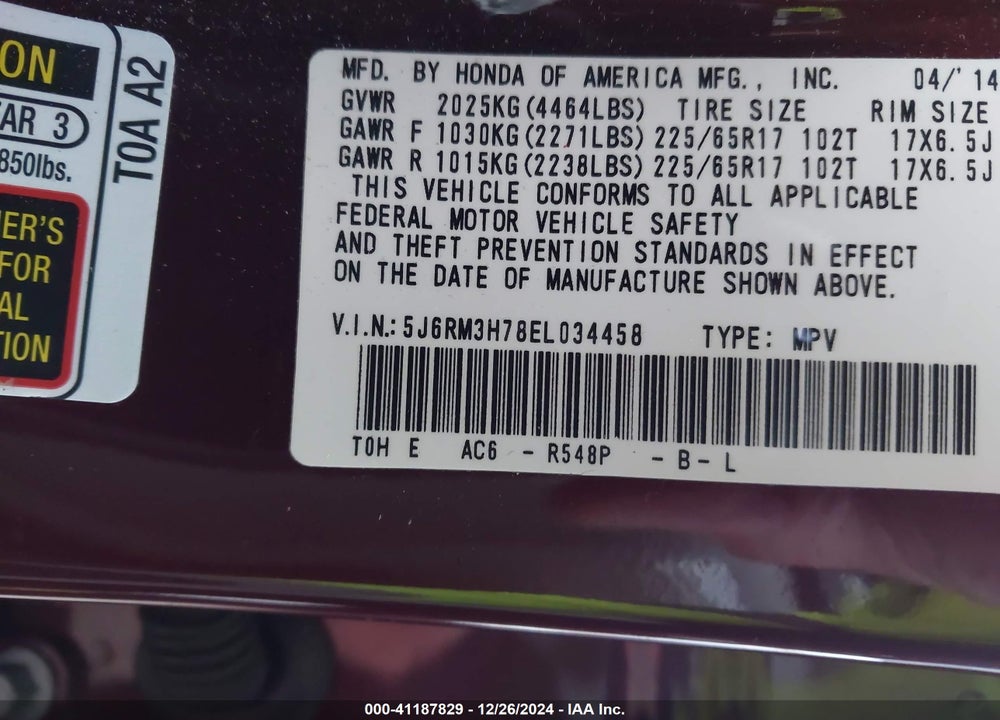 2014 HONDA CR-V EX-L VIN: 5J6RM3H78EL034458