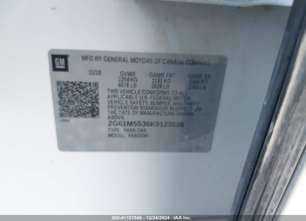 2019 CADILLAC XTS VIN: 2G61M5S36K9123536