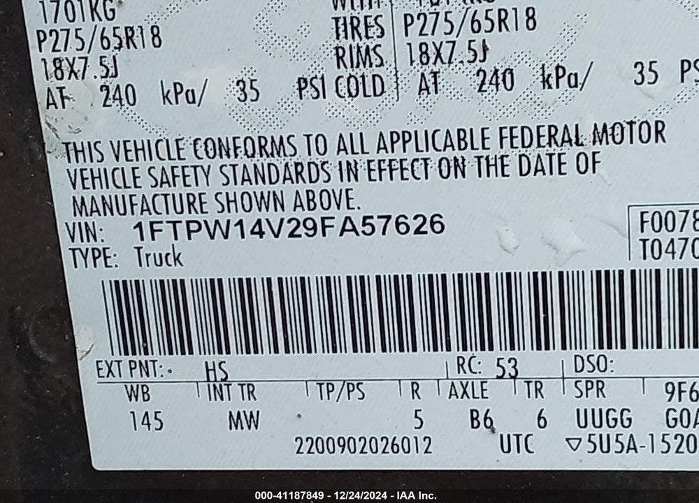 2009 FORD F-150 FX4/KING RANCH/LARIAT/PLATINUM/XL/XLT VIN: 1FTPW14V29FA57626