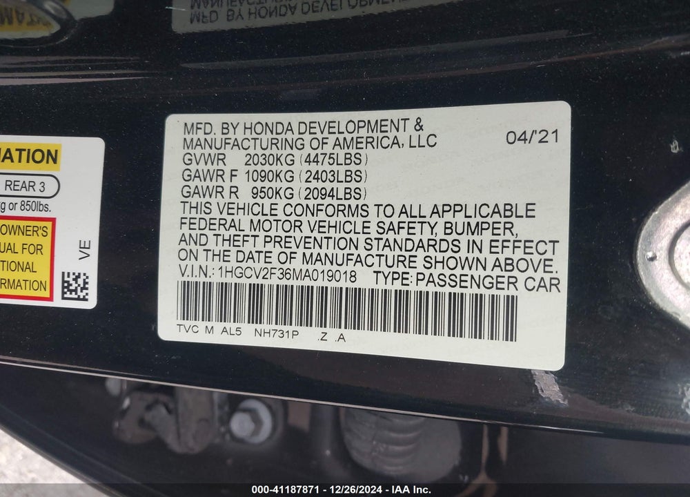 2021 HONDA ACCORD VIN: 1HGCV2F36MA019018