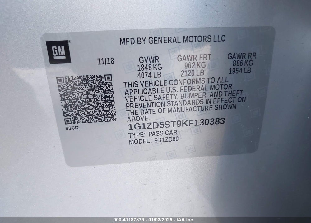 2019 CHEVROLET MALIBU VIN: 1G1ZD5ST9KF130383
