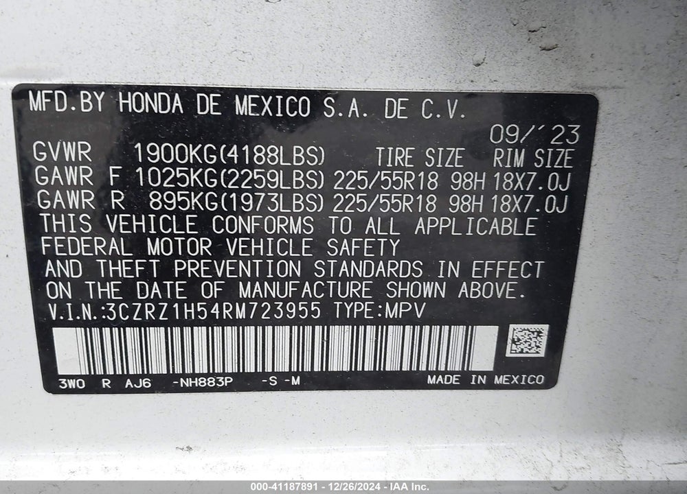 2024 HONDA HR-V VIN: 3CZRZ1H54RM723955
