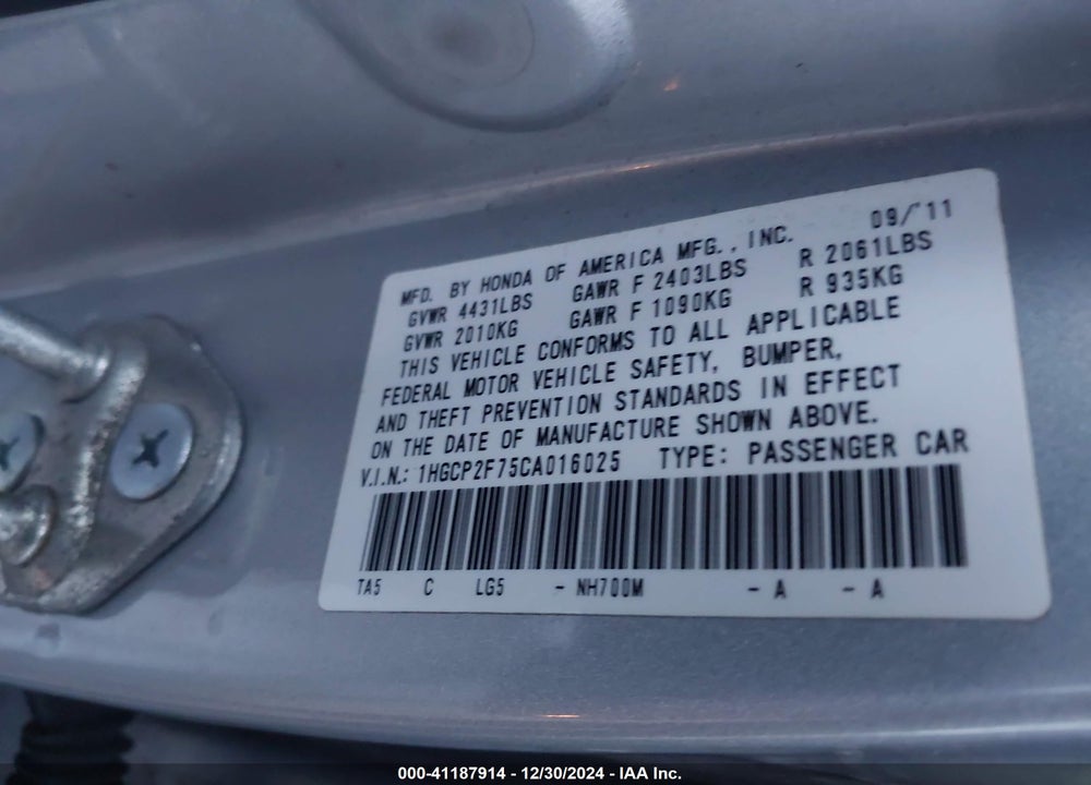 2012 HONDA ACCORD SDN EX VIN: 1HGCP2F75CA016025