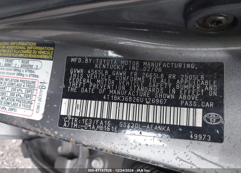 2006 TOYOTA AVALON XL VIN: 4T1BK36B26U126967
