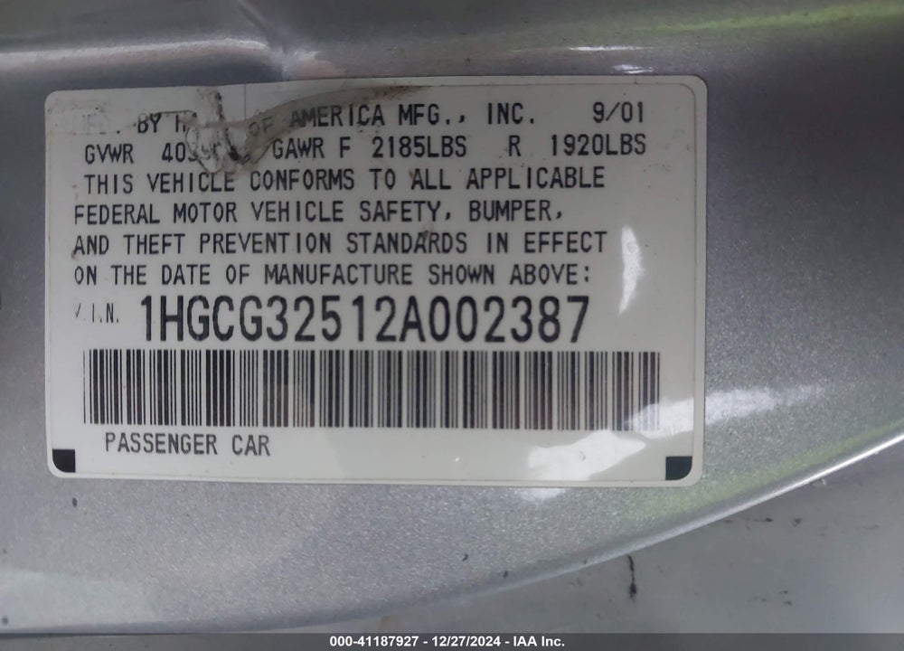2002 HONDA ACCORD 2.3 EX VIN: 1HGCG32512A002387