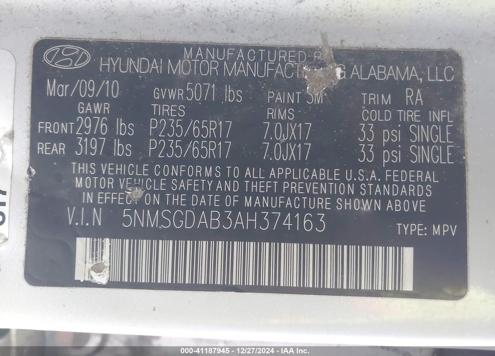 2010 HYUNDAI SANTA FE VIN: 5NMSGDAB3AH374163