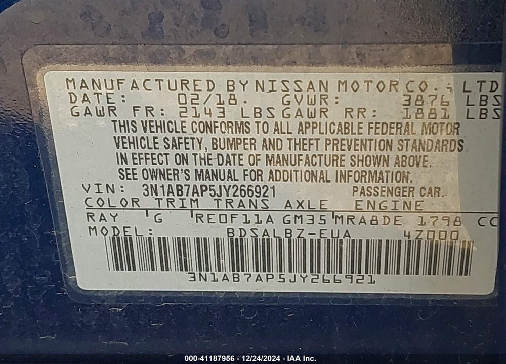 2018 NISSAN SENTRA VIN: 3N1AB7AP5JY266921