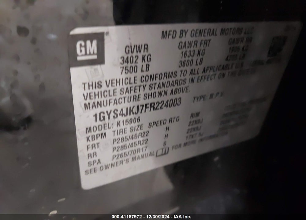 2015 CADILLAC ESCALADE ESV PREMIUM VIN: 1GYS4JKJ7FR224003
